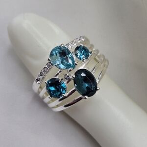 Swarovski Crystal Elements Silver Statement Ring Aquamarine Blue Size 9